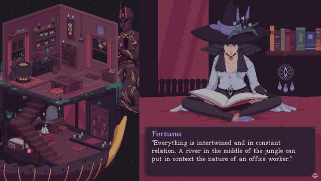 A screenshot from The Cosmic Wheel Sisterhood shows a two-story house on the left side and protagonist Fortuna reading a book on the right.